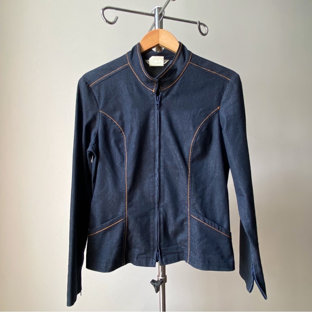 ☀️ Y2K Vintage Dark Blue Jean Jacket with Peplum Waist and Mandarin Collar